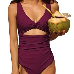 Charmo Burgundy Twist Front Cutout One Piece Swimsuit‎ Ruched Tummy Control